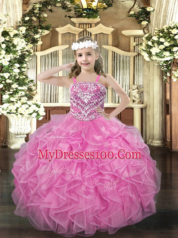 Rose Pink Sleeveless Organza Lace Up Kids Pageant Dress for Party and Quinceanera