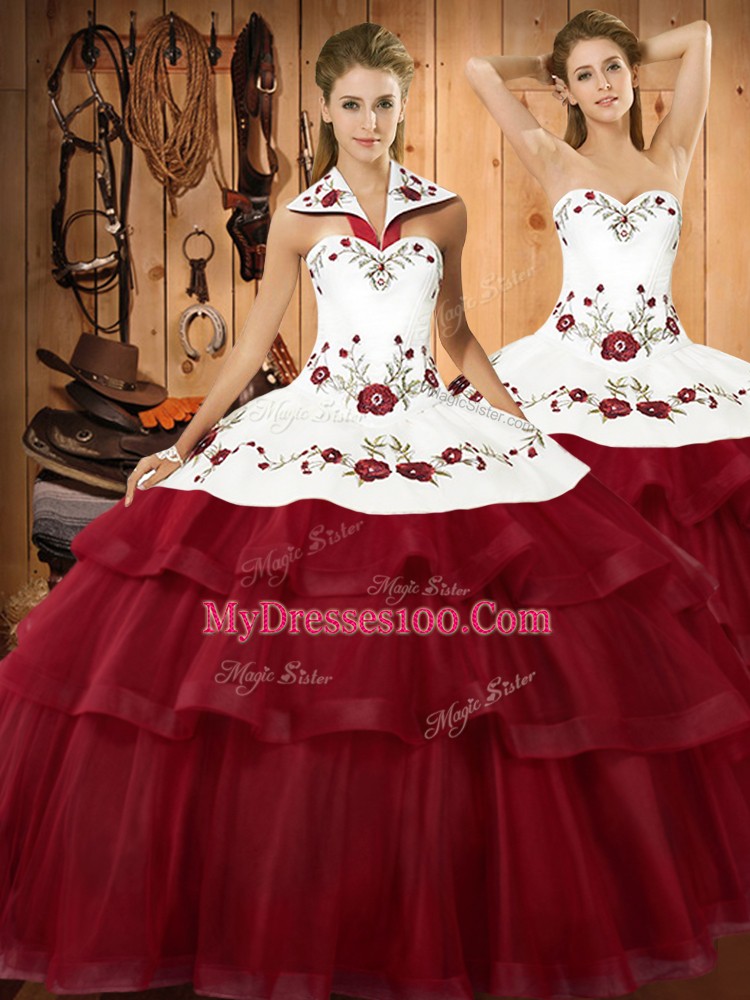 Wine Red Ball Gowns Organza Halter Top Sleeveless Embroidery and Ruffled Layers Lace Up Ball Gown Prom Dress Sweep Train