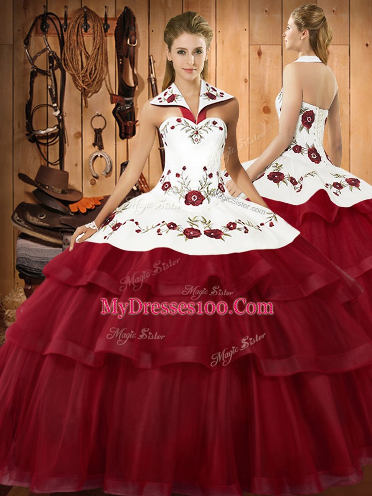 Wine Red Ball Gowns Organza Halter Top Sleeveless Embroidery and Ruffled Layers Lace Up Ball Gown Prom Dress Sweep Train