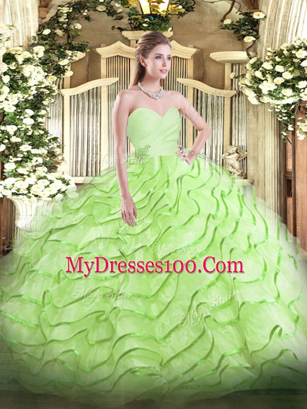 Comfortable Brush Train Ball Gowns Quinceanera Gowns Yellow Green Sweetheart Organza Sleeveless Lace Up