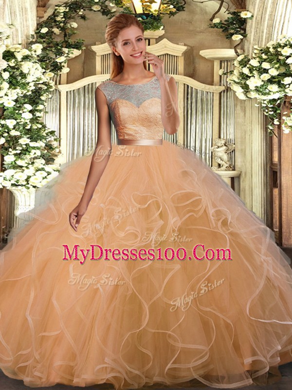 Floor Length Backless Sweet 16 Dress Gold for Military Ball and Sweet 16 and Quinceanera with Lace and Ruffles
