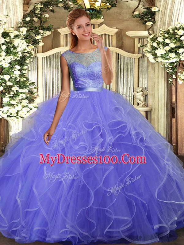 Best Sleeveless Floor Length Lace and Ruffles Backless Sweet 16 Dresses with Lavender