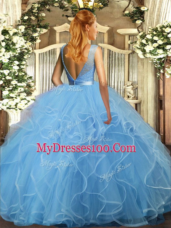 Best Sleeveless Floor Length Lace and Ruffles Backless Sweet 16 Dresses with Lavender