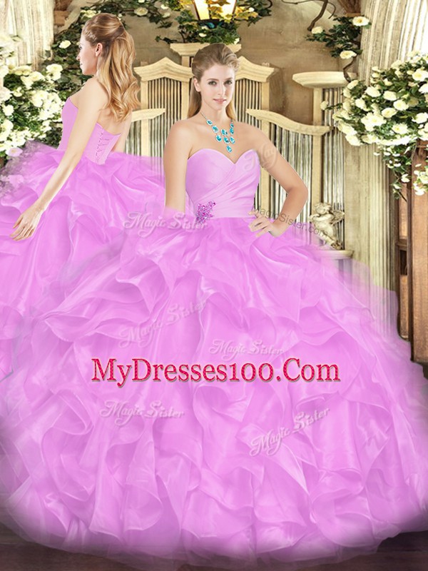Lilac Organza Lace Up Sweetheart Sleeveless Floor Length Sweet 16 Dresses Beading and Ruffles