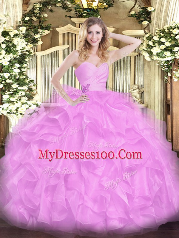 Lilac Organza Lace Up Sweetheart Sleeveless Floor Length Sweet 16 Dresses Beading and Ruffles