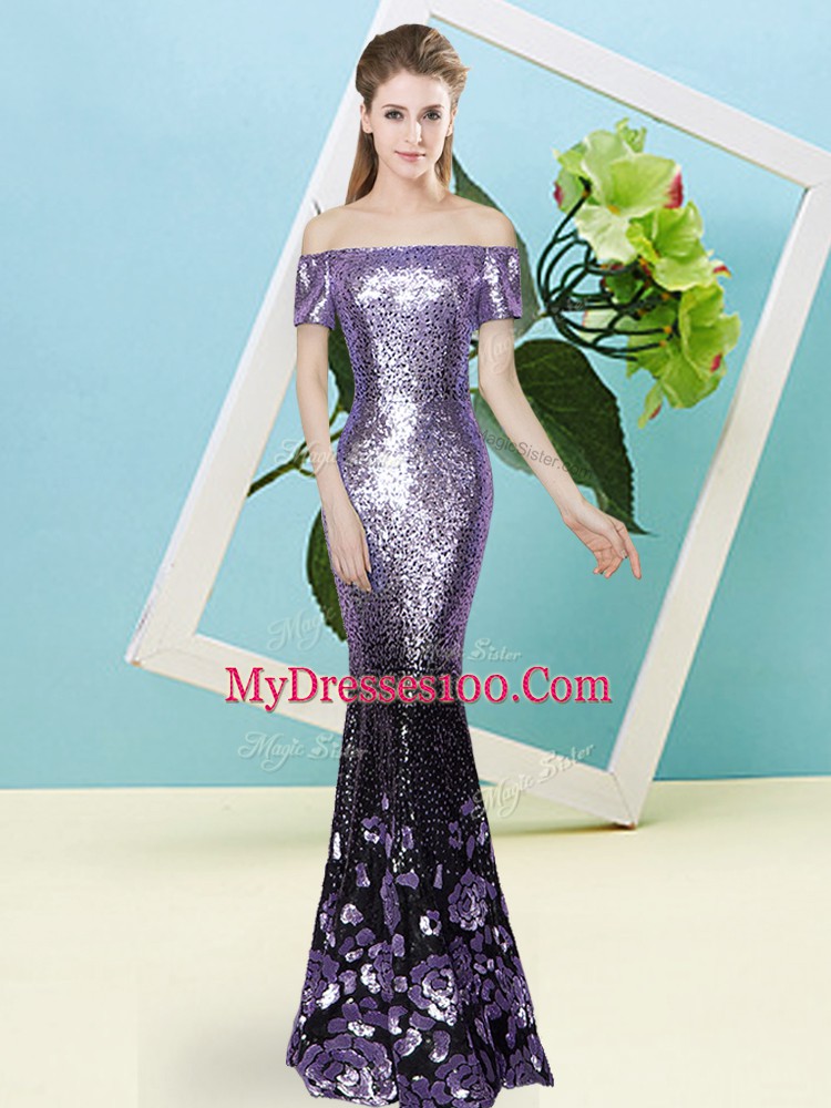 Dynamic Off The Shoulder Short Sleeves Prom Evening Gown Floor Length Sequins Lavender Sequined