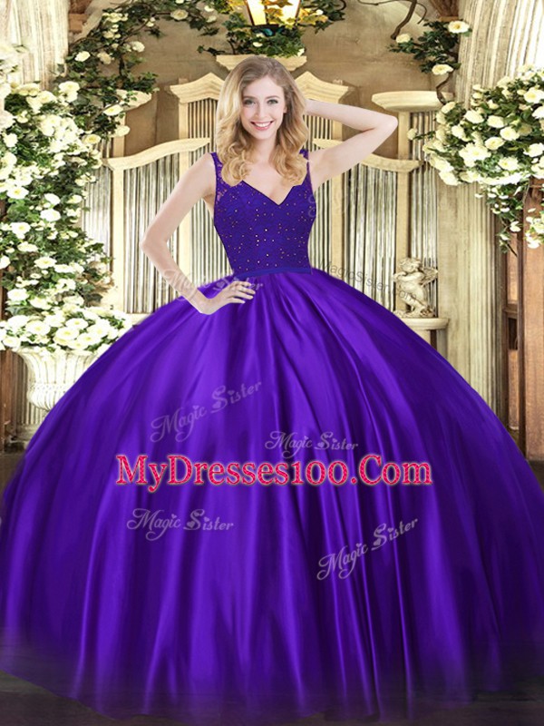 High Quality Sleeveless Backless Floor Length Beading and Lace Sweet 16 Quinceanera Dress