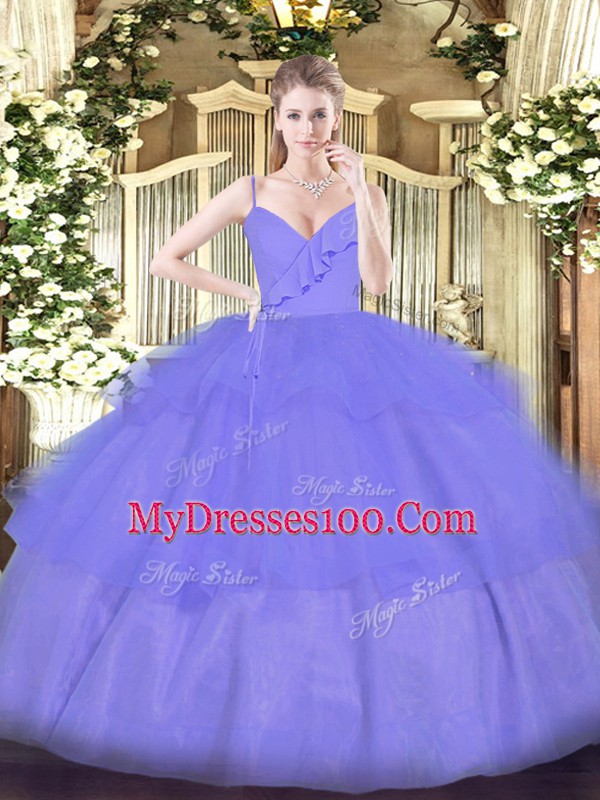 Fashionable Lavender Ball Gowns Ruffled Layers 15th Birthday Dress Zipper Organza Sleeveless Floor Length