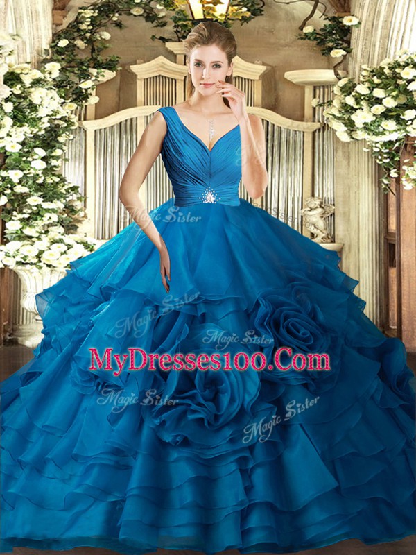 Graceful Blue Organza Backless V-neck Sleeveless Floor Length 15th Birthday Dress Beading and Ruffles