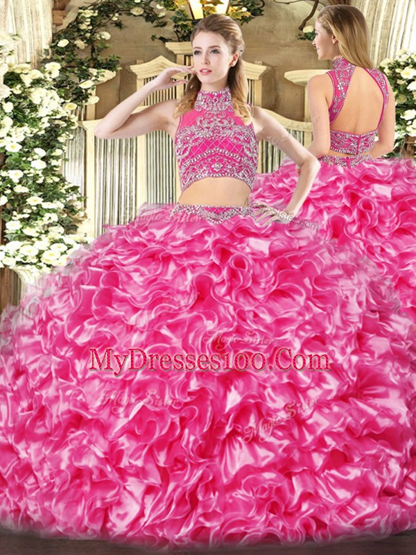 Flirting Hot Pink Two Pieces High-neck Sleeveless Tulle Floor Length Backless Beading and Ruffles Ball Gown Prom Dress