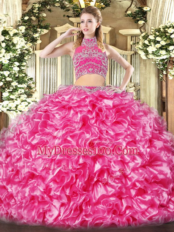Flirting Hot Pink Two Pieces High-neck Sleeveless Tulle Floor Length Backless Beading and Ruffles Ball Gown Prom Dress
