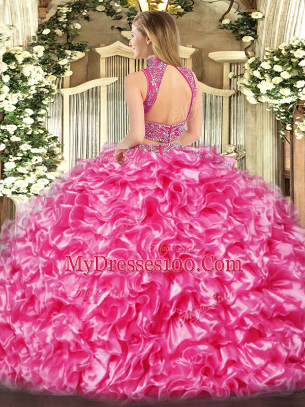 Flirting Hot Pink Two Pieces High-neck Sleeveless Tulle Floor Length Backless Beading and Ruffles Ball Gown Prom Dress