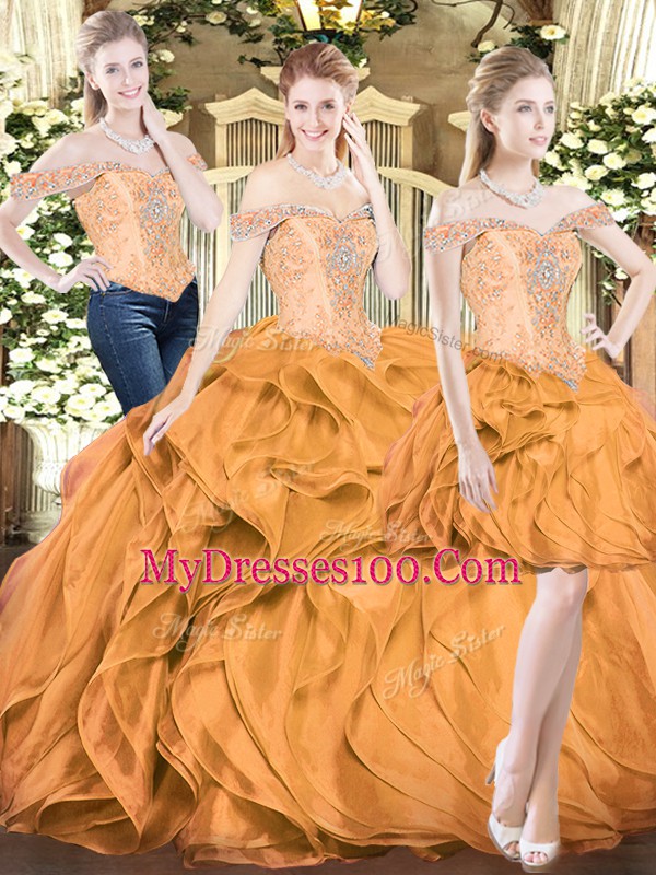 Orange Red Ball Gowns Off The Shoulder Sleeveless Organza Floor Length Lace Up Beading and Ruffles Sweet 16 Dresses