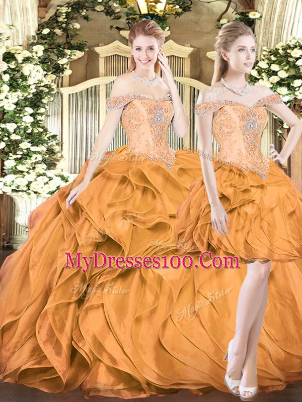 Orange Red Ball Gowns Off The Shoulder Sleeveless Organza Floor Length Lace Up Beading and Ruffles Sweet 16 Dresses