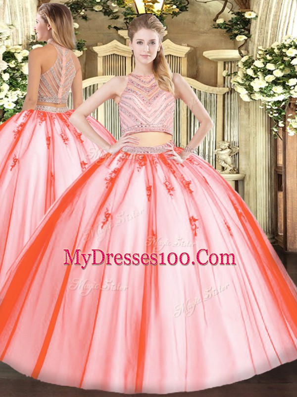 Lovely Watermelon Red Two Pieces Tulle Scoop Sleeveless Beading Floor Length Zipper Quinceanera Gown