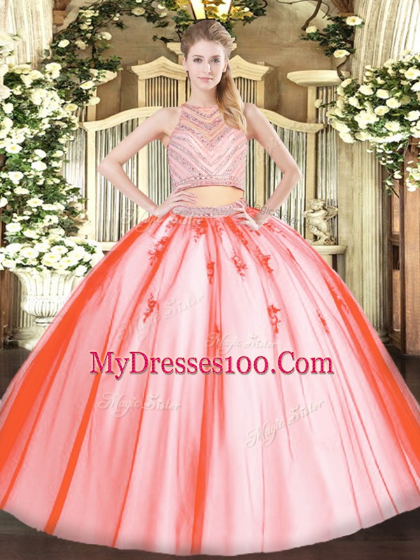 Lovely Watermelon Red Two Pieces Tulle Scoop Sleeveless Beading Floor Length Zipper Quinceanera Gown