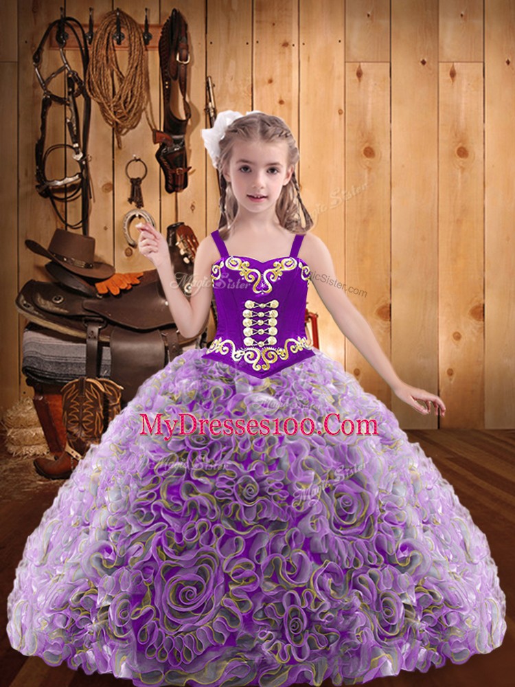 Eye-catching Multi-color Ball Gowns Embroidery and Ruffles Little Girls Pageant Dress Lace Up Fabric With Rolling Flowers Sleeveless Floor Length