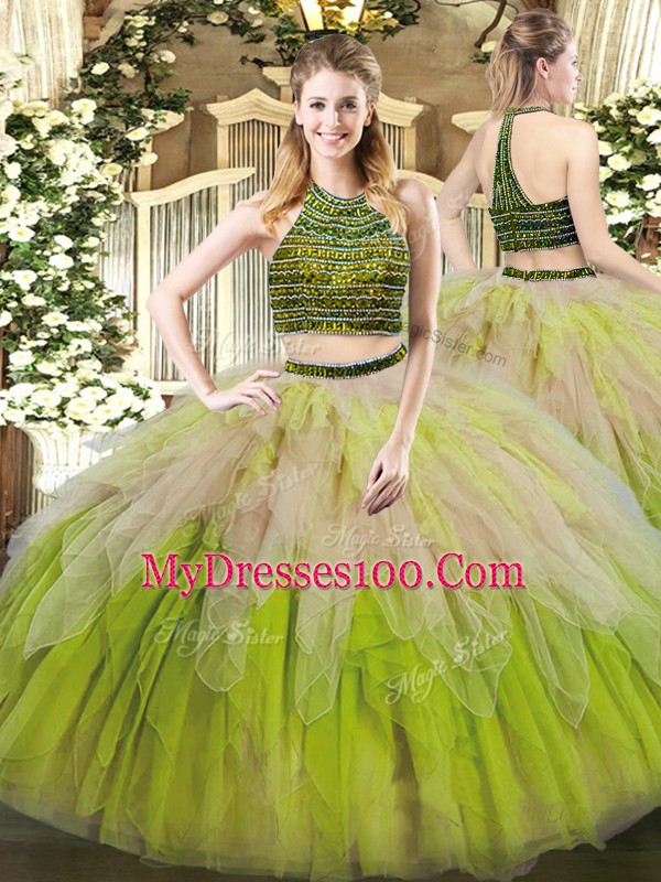 Halter Top Sleeveless Quinceanera Dresses Floor Length Beading and Ruffles Multi-color Tulle
