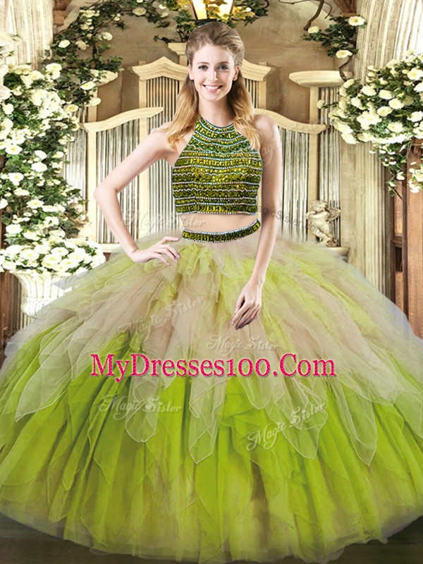 Halter Top Sleeveless Quinceanera Dresses Floor Length Beading and Ruffles Multi-color Tulle