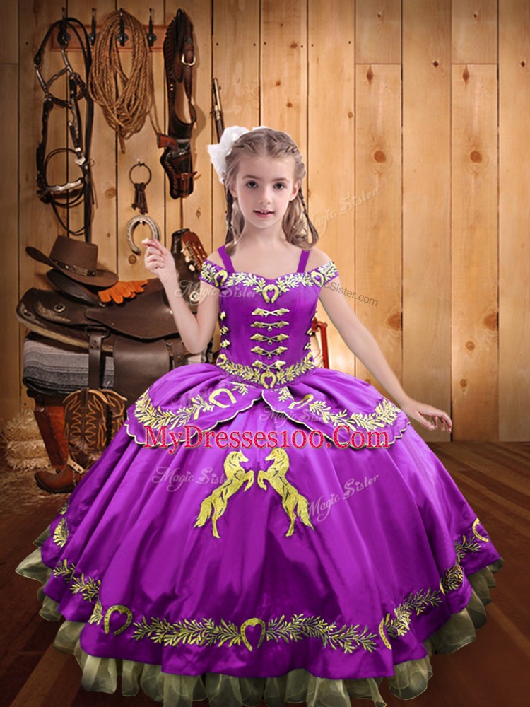 Discount Floor Length Lace Up Little Girl Pageant Gowns Lilac for Sweet 16 and Quinceanera with Beading and Embroidery