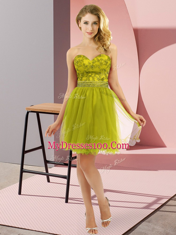 Eye-catching Sleeveless Tulle Mini Length Zipper Homecoming Dress in Olive Green with Beading