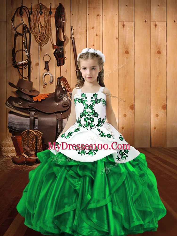 Straps Sleeveless Organza Little Girls Pageant Gowns Embroidery and Ruffles Lace Up