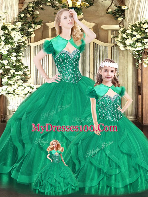 New Style Organza Sweetheart Sleeveless Lace Up Beading and Ruffles Quince Ball Gowns in Turquoise