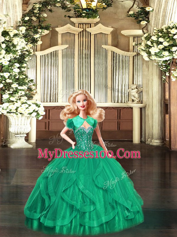 New Style Organza Sweetheart Sleeveless Lace Up Beading and Ruffles Quince Ball Gowns in Turquoise