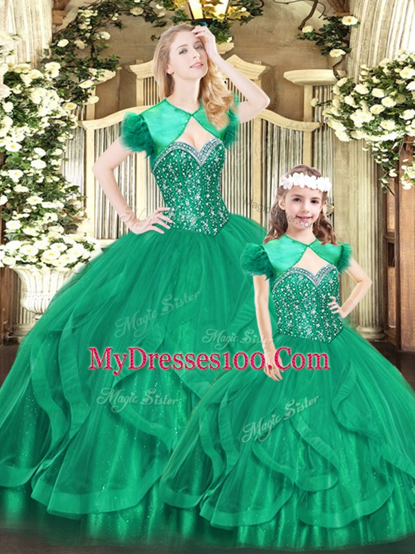 New Style Organza Sweetheart Sleeveless Lace Up Beading and Ruffles Quince Ball Gowns in Turquoise