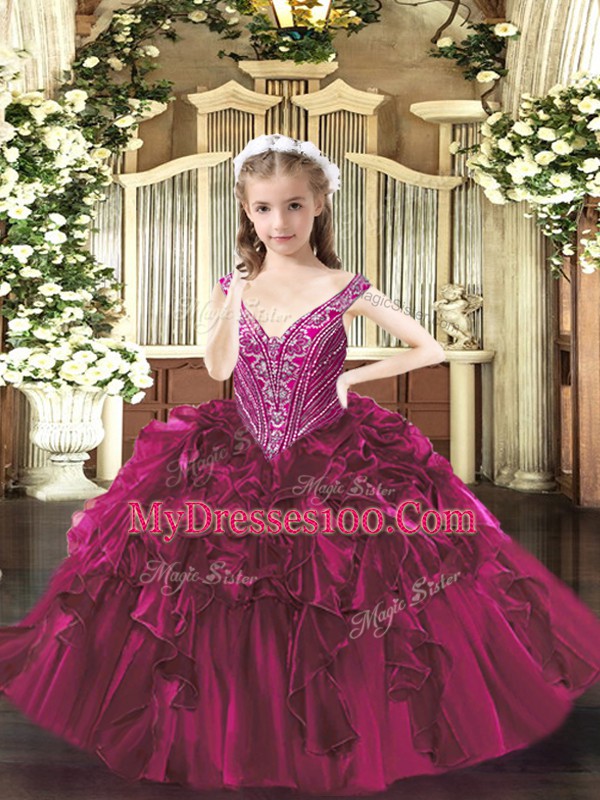 Dazzling Floor Length Lace Up Little Girls Pageant Gowns Fuchsia for Party and Quinceanera with Beading and Ruffles