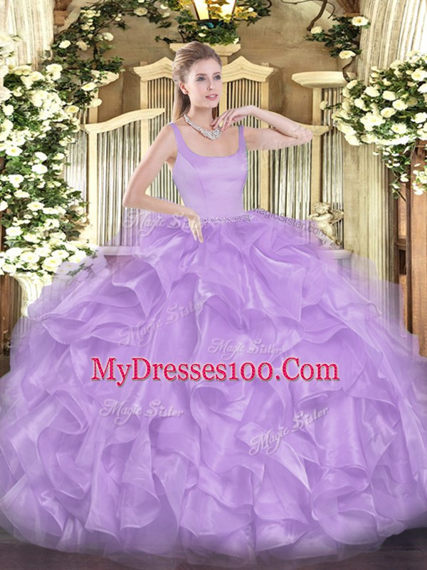 Fitting Floor Length Lavender Quinceanera Dress Organza Sleeveless Beading and Ruffles