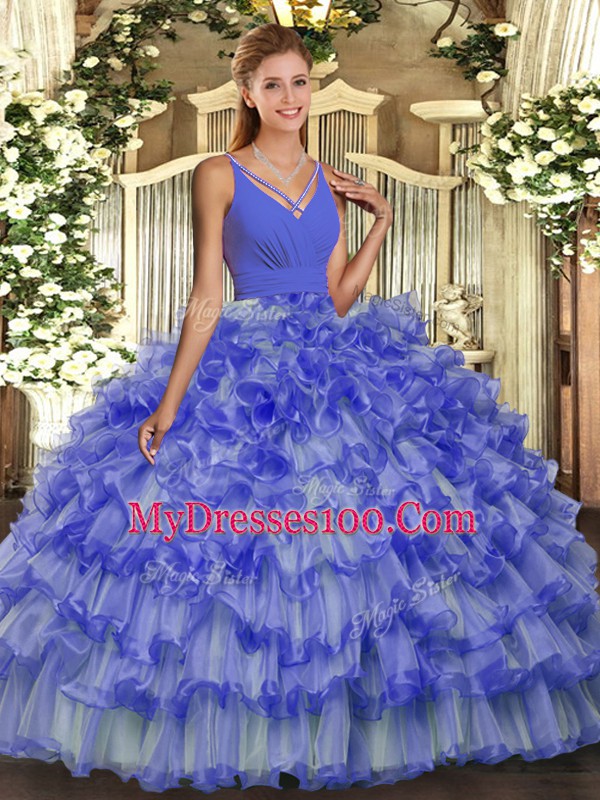 Blue Quinceanera Dress Sweet 16 and Quinceanera with Beading and Ruffled Layers V-neck Sleeveless Backless