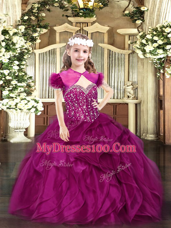 Floor Length Fuchsia Little Girls Pageant Gowns Organza Sleeveless Beading and Ruffles