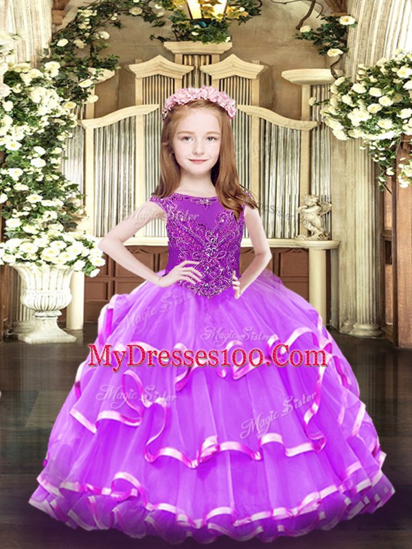 Beautiful Lavender Zipper Scoop Beading and Ruffled Layers Pageant Gowns For Girls Organza Sleeveless