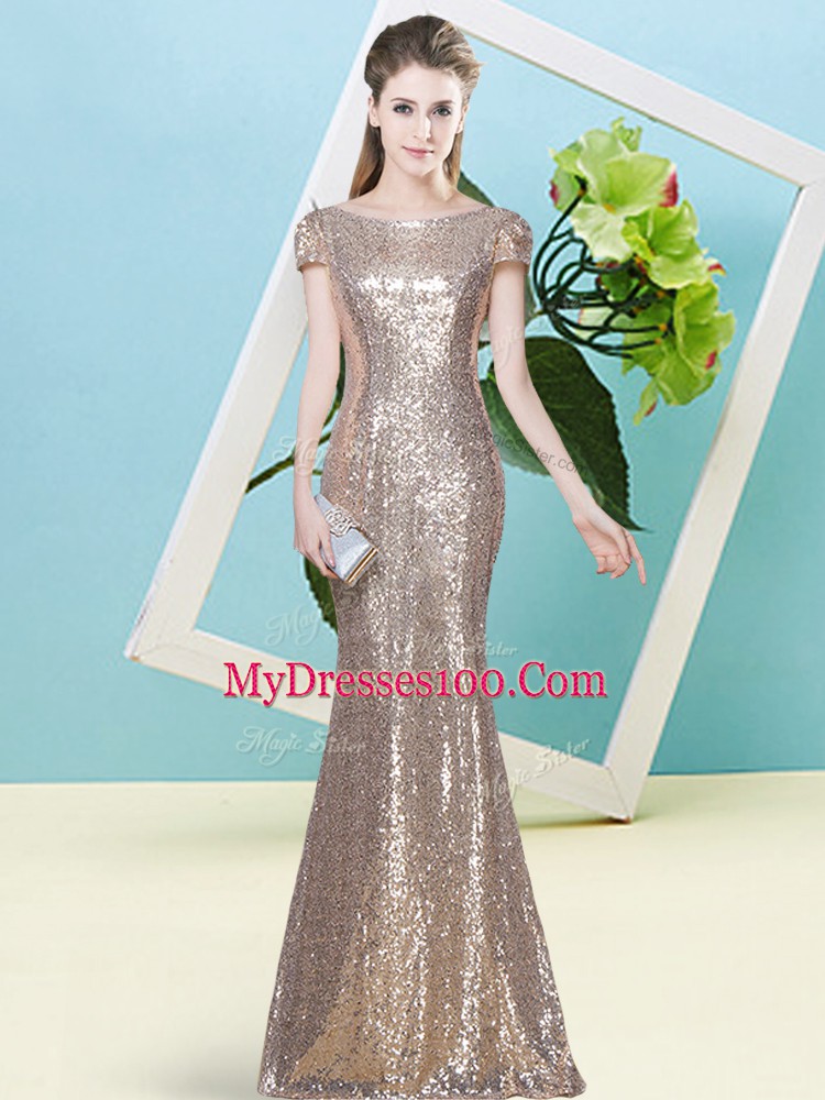 Trendy Champagne Cap Sleeves Sequins Floor Length Homecoming Dress