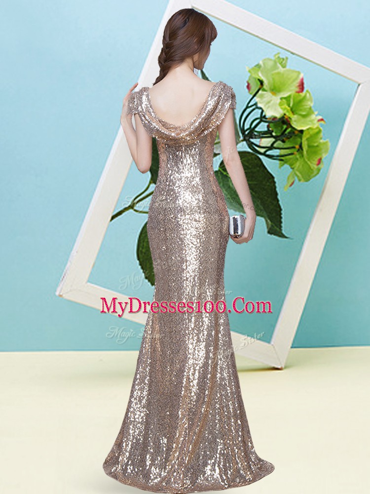 Trendy Champagne Cap Sleeves Sequins Floor Length Homecoming Dress