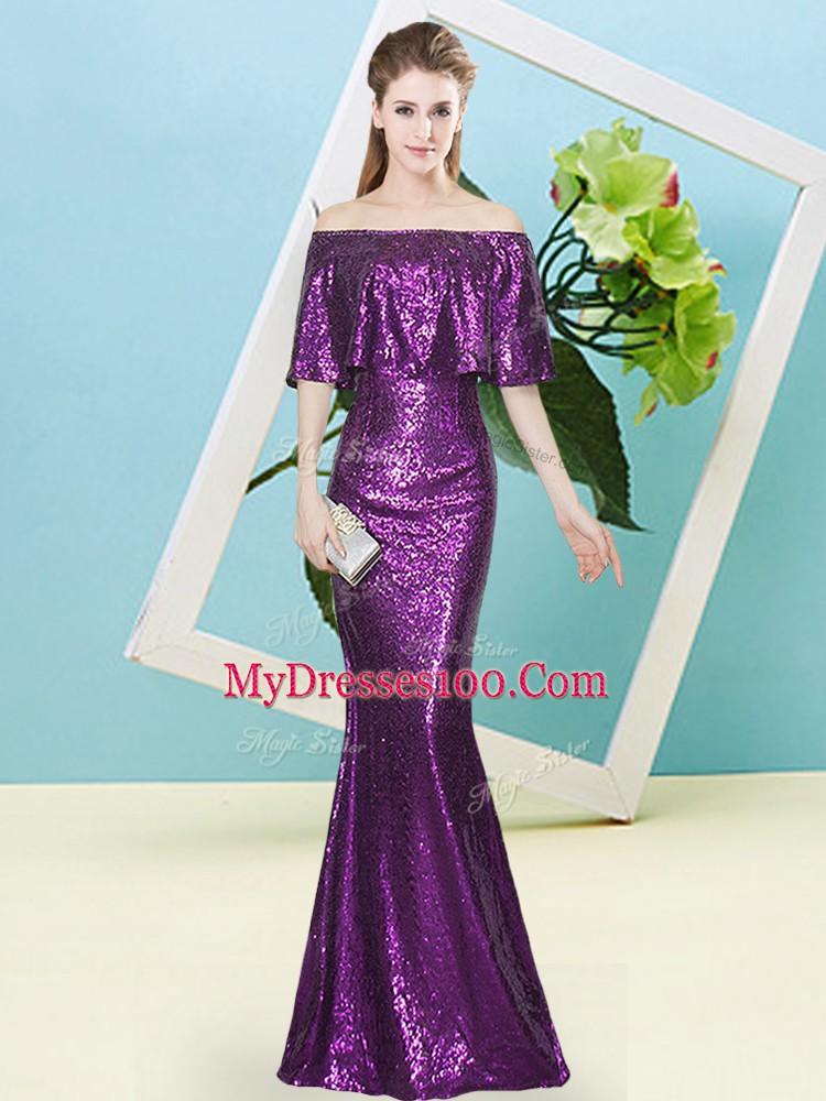 Purple Mermaid Sequins Homecoming Dress Zipper Sequined Half Sleeves Floor Length