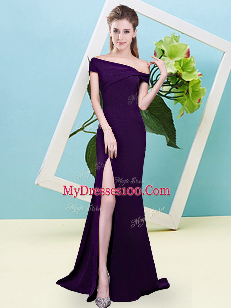 Dark Purple Off The Shoulder Neckline Ruching Bridesmaid Gown Sleeveless Zipper