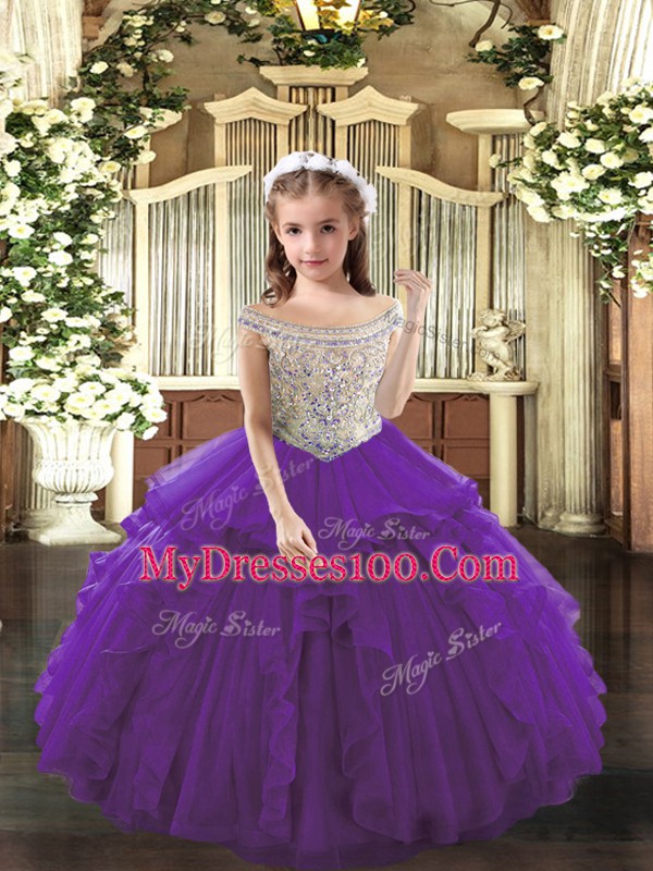 Purple Kids Pageant Dress Sweet 16 and Quinceanera with Beading and Ruffles Off The Shoulder Sleeveless Lace Up