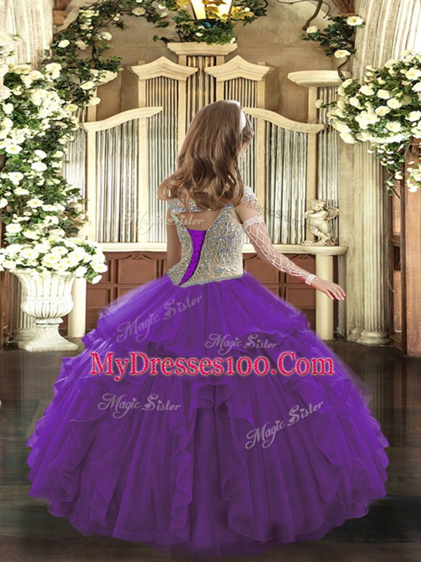 Purple Kids Pageant Dress Sweet 16 and Quinceanera with Beading and Ruffles Off The Shoulder Sleeveless Lace Up
