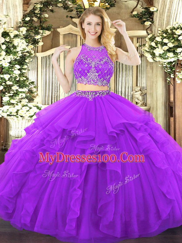 Fine Purple Sleeveless Tulle Zipper Vestidos de Quinceanera for Military Ball and Sweet 16 and Quinceanera
