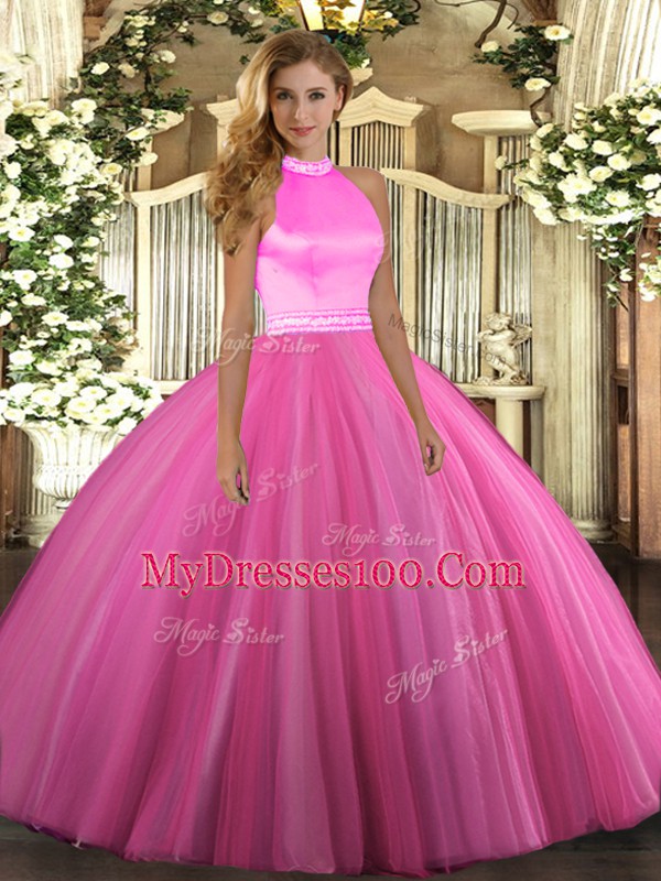 On Sale Floor Length Backless Quince Ball Gowns Rose Pink for Military Ball and Sweet 16 and Quinceanera with Beading