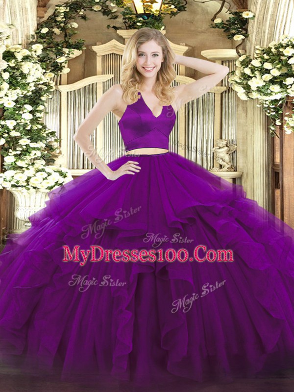 Pretty Purple Quince Ball Gowns Military Ball and Sweet 16 and Quinceanera with Ruffles Halter Top Sleeveless Zipper