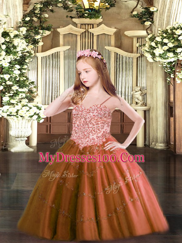 Rust Red Spaghetti Straps Lace Up Appliques Pageant Gowns For Girls Sleeveless