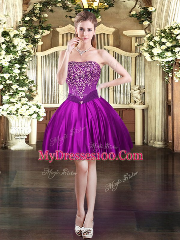 Spectacular Purple Lace Up Prom Dresses Beading Sleeveless Mini Length