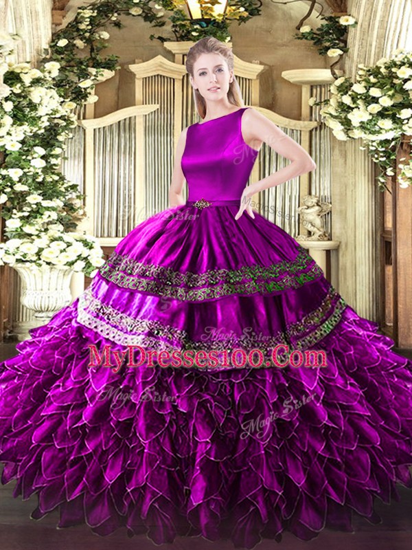 Floor Length Fuchsia Quinceanera Dress Scoop Sleeveless Clasp Handle