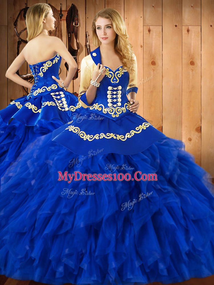 Deluxe Blue Satin and Organza Lace Up Sweet 16 Dress Sleeveless Floor Length Embroidery and Ruffles