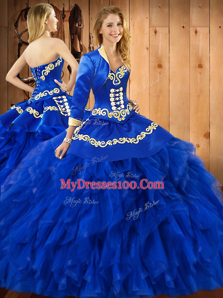 Deluxe Blue Satin and Organza Lace Up Sweet 16 Dress Sleeveless Floor Length Embroidery and Ruffles