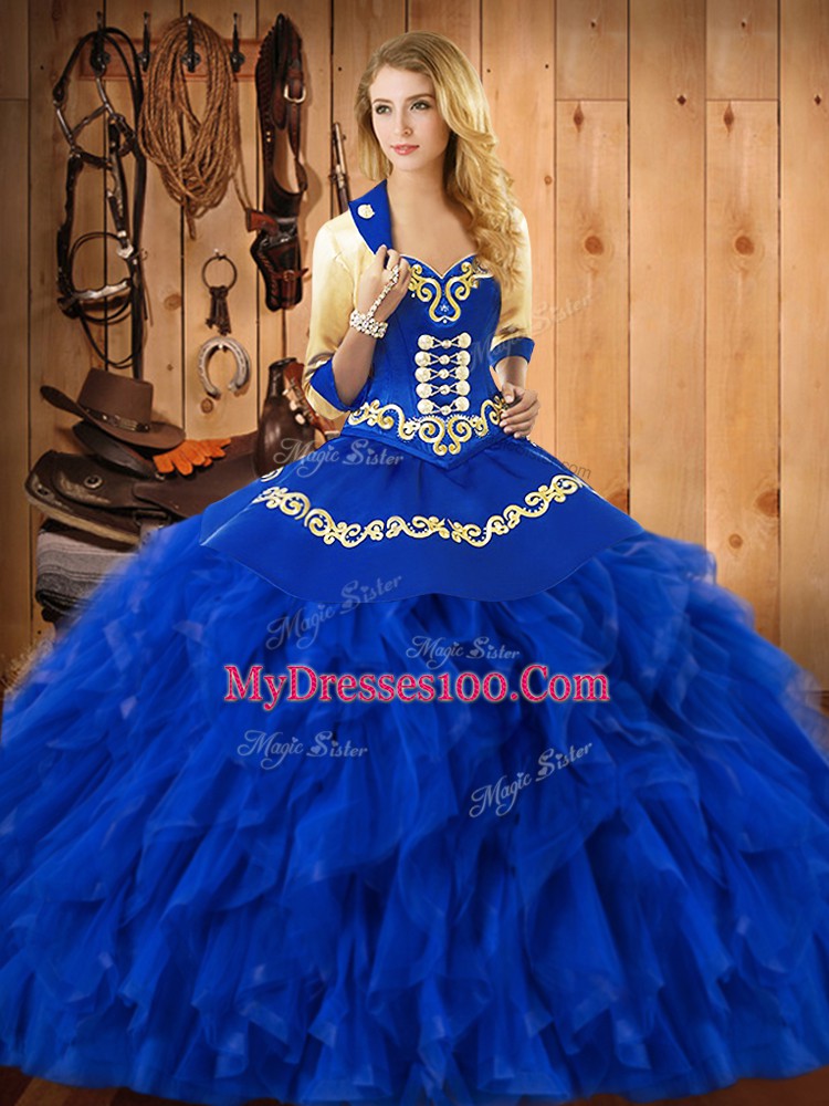 Deluxe Blue Satin and Organza Lace Up Sweet 16 Dress Sleeveless Floor Length Embroidery and Ruffles