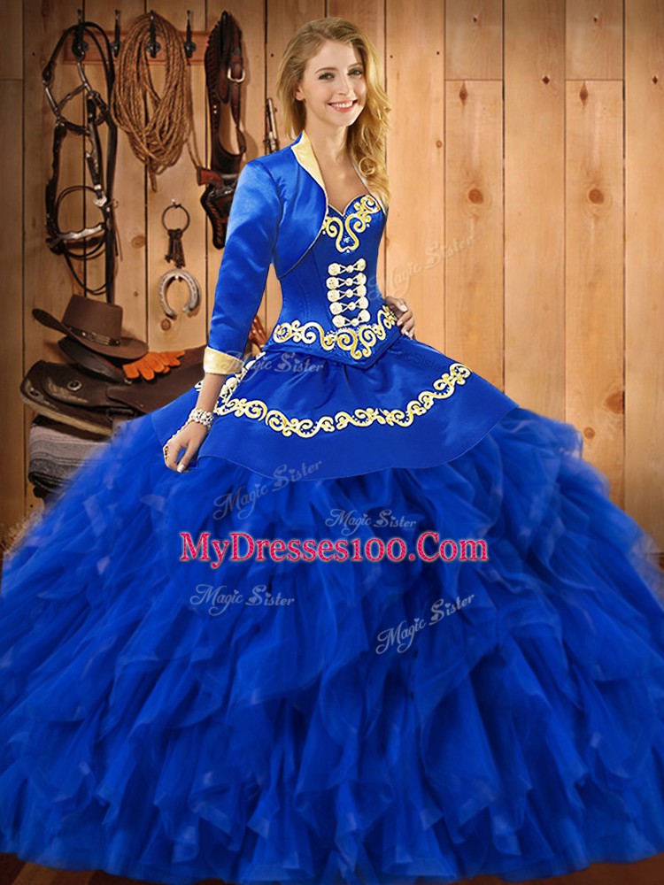 Deluxe Blue Satin and Organza Lace Up Sweet 16 Dress Sleeveless Floor Length Embroidery and Ruffles